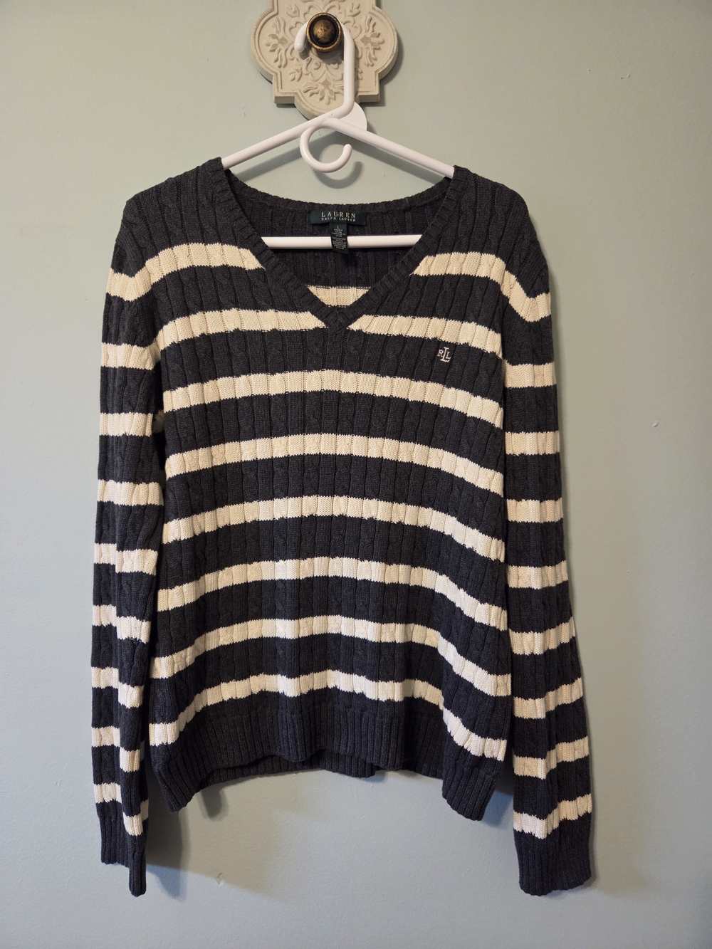 Ralph Lauren Black and Cream Striped V-Neck Sweater